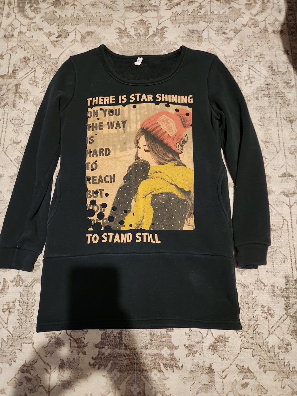 Crew Neck Graphic Sweater Tunic - Black with Yellow Accent